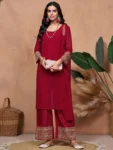 Cherry Red Georgette Lace Work Kurta Palazzo With Dupatta Set (5)