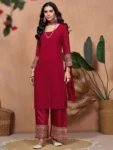 Cherry Red Georgette Lace Work Kurta Palazzo With Dupatta Set (5)