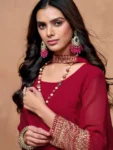 Cherry Red Georgette Lace Work Kurta Palazzo With Dupatta Set