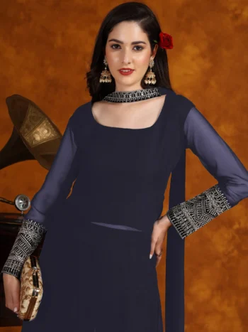 Navy Blue Georgette Lace Work Kurta Palazzo With Dupatta Set