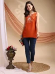 Orange Chinon Yoke Embroidery Shoulder Strap Short Kurti (5)