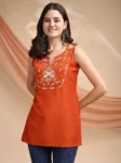 Orange Chinon Yoke Embroidery Shoulder Strap Short Kurti