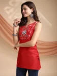 Red Chinon Yoke Embroidery Shoulder Strap Short Kurti (4)