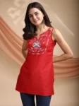 Red Chinon Yoke Embroidery Shoulder Strap Short Kurti