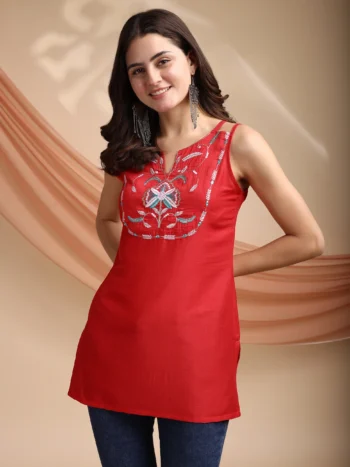 Red Chinon Yoke Embroidery Shoulder Strap Short Kurti