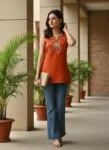 Red Chinon Yoke Embroidery Shoulder Strap Short Kurti (4)