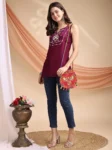 Wine Chinon Yoke Embroidery Shoulder Strap Short Kurti (1)