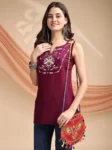 Wine Chinon Yoke Embroidery Shoulder Strap Short Kurti (1)