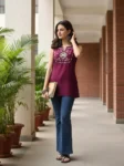 Wine Chinon Yoke Embroidery Shoulder Strap Short Kurti (1)