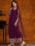 Wine Georgette Lace Work Kurta Palazzo With Dupatta Set (7)