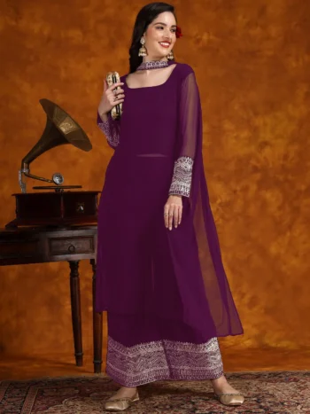 Wine Georgette Lace Work Kurta Palazzo With Dupatta Set